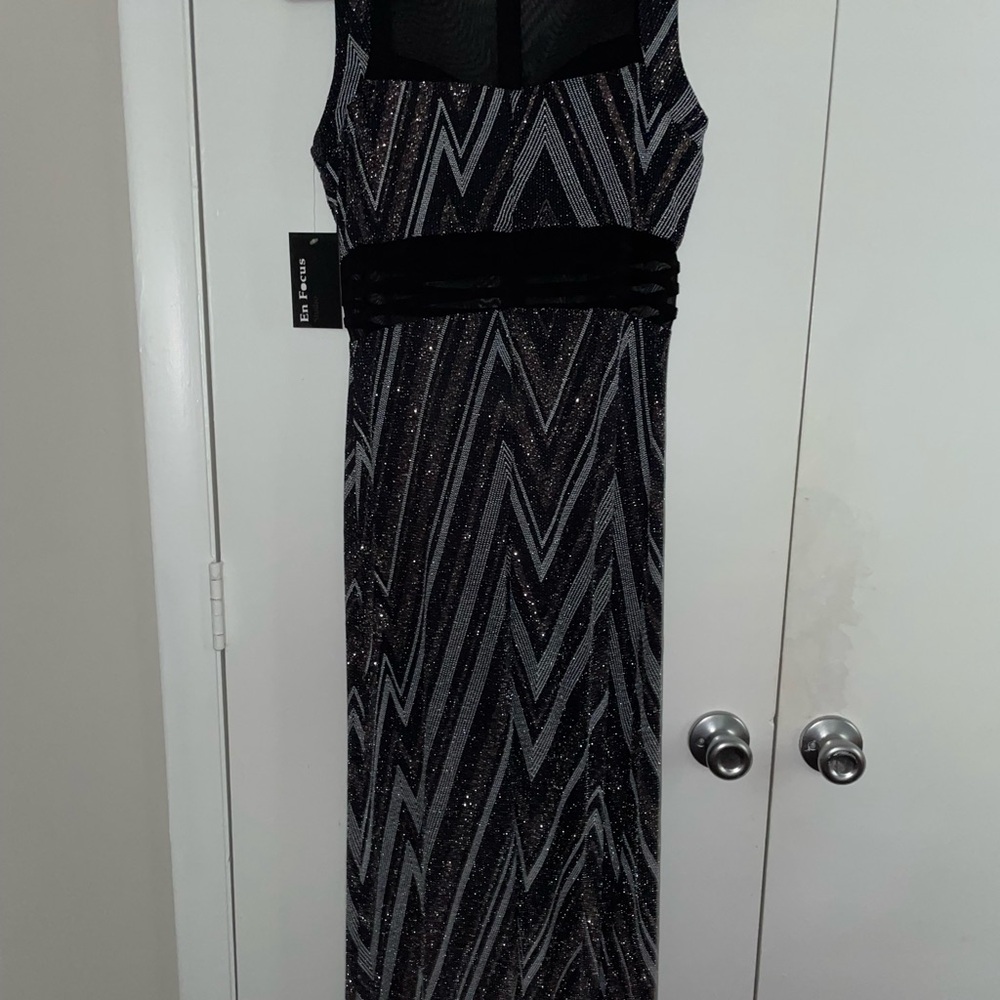 Enfocus Studio Black and Silver Sheath Maxi Dress